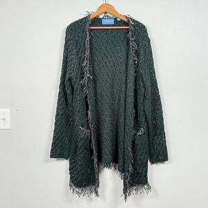 Vera Wang Black/Green Textured Cardigan with Fringe, Size L/XL
